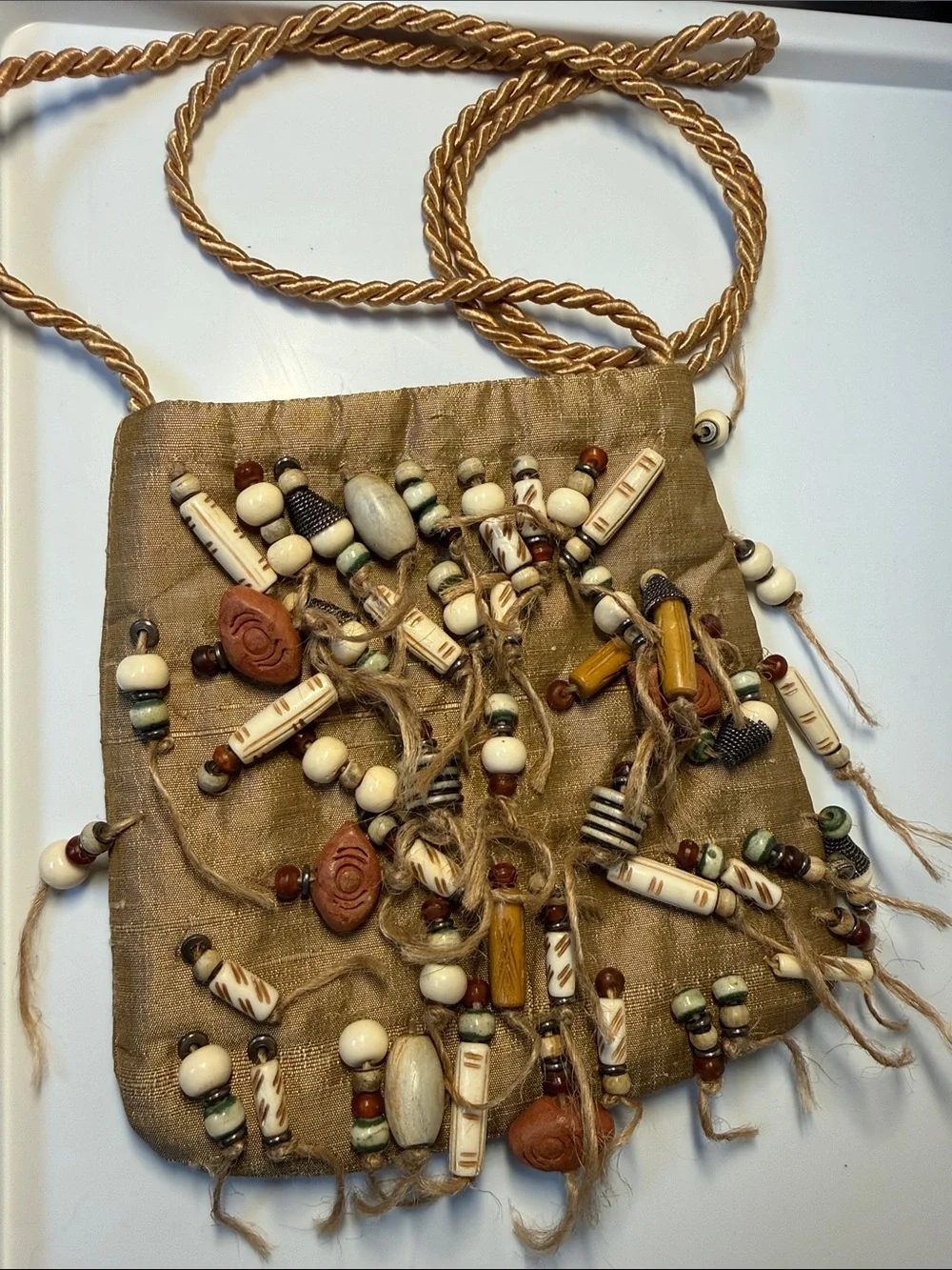 Handcrafted Beaded Fringe Crossbody Bag – Tan